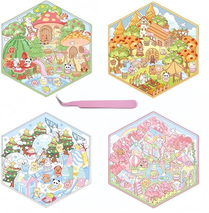 4 Sets DIY 3D House Stickers - Four Seasons Theme: Create Your Own Cute Cartoon Miniature Scene Sticker Art Kit for Kids & Adults, Stress Relief (Spring Summer Autumn Winter Theme)
