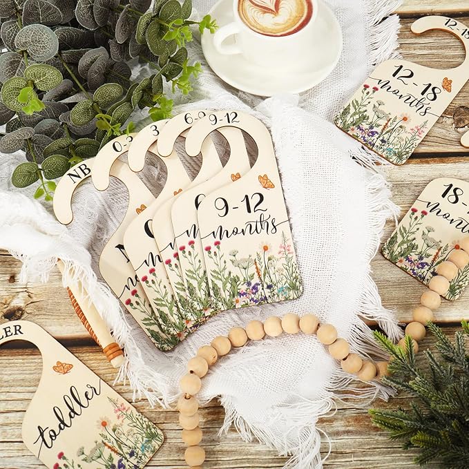 Whaline 8Pcs Wildflower Baby Closet Size Dividers Vintage Floral Leaves Hanging Wood Baby Closet Organizer Newborn to 24 Months Thicken Baby Wardrobe Organizer for Home Nursery