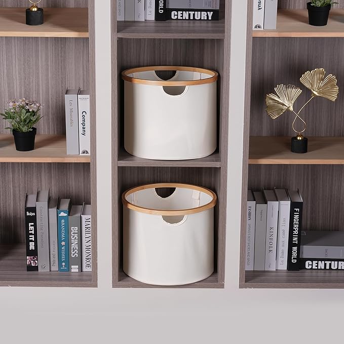efluky Storage Baskets for Organizing, Fabric Storage Bins with Bamboo Handles, Collapsible Storage Baskets for Shelves and Closet,Medium, Beige Set of 2