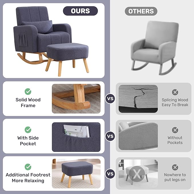 Rocking Chair with Ottoman, Upholstered Glider Rocker with High Backrest and Side Pocket, Comfy Reading Chair with Solid Wood Legs for Nursery, Living Room,Bedroom Dark Grey