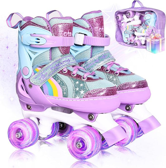 Rainbow Toddler Roller Skates - Size 4 Adjustable | Light Up Quad Skates for Girls & Boys Beginners Aged 3-12