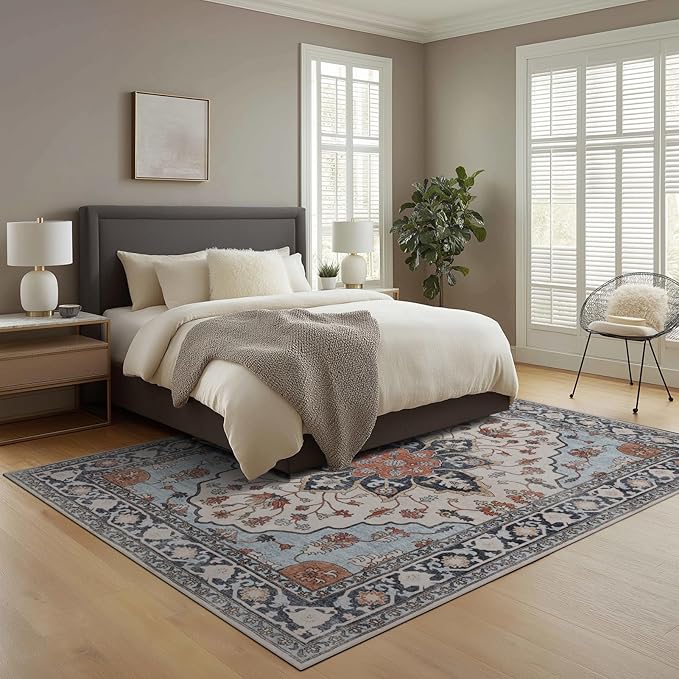 Washable Rugs 5x7 Area Rugs for Living Room, Thin Carpet for Bedroom, Soft Faux Wool Retro Dining Room Rug，Non Slip&Non-Shedding Resistant Low Pile Vintage Print Rug for Home Office (Blue/Gray)