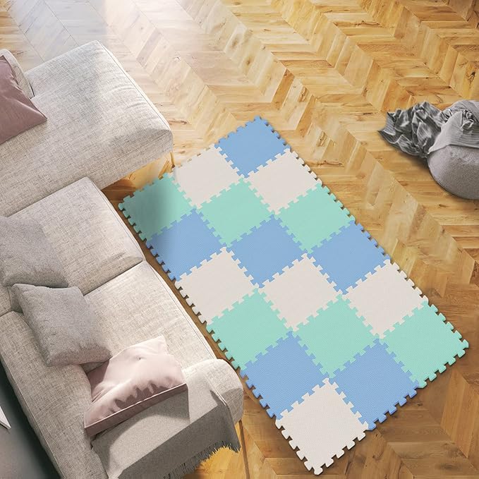qqpp EVA Rubber 18 Tiles Interlocking Puzzle Foam Floor Mats - Baby Play Mat for Playing | Exercise Mat for Home Workout. White, Blue, Green. QC-AGHb18N