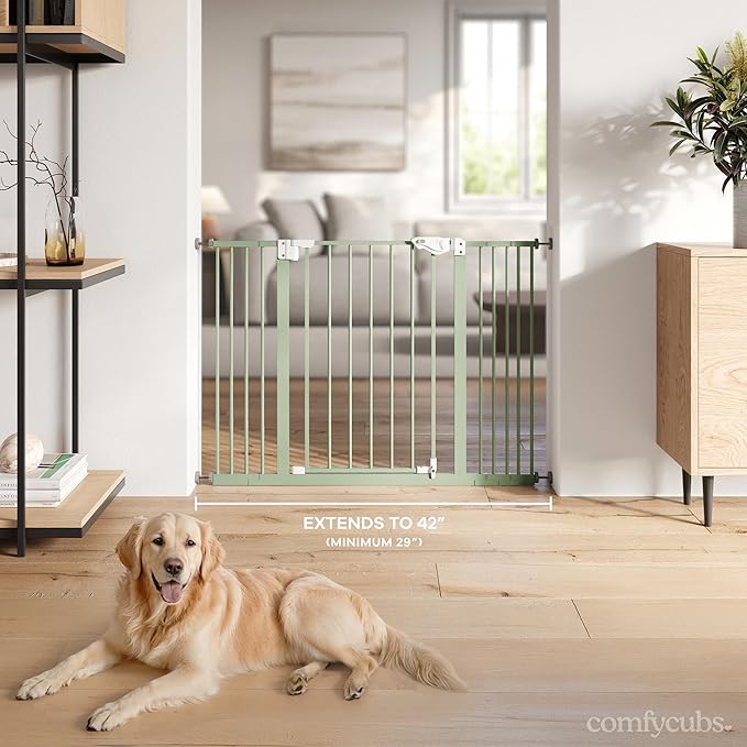 Comfy Cubs Baby Safety Gate with 3 Extensions - Adjustable 42" x 1.9" x 30" Q195 Steel Doorway Barrier - Powder-Coated Finish for Stairs and Doorways - Walk-Through Design Pet Gate - Sage