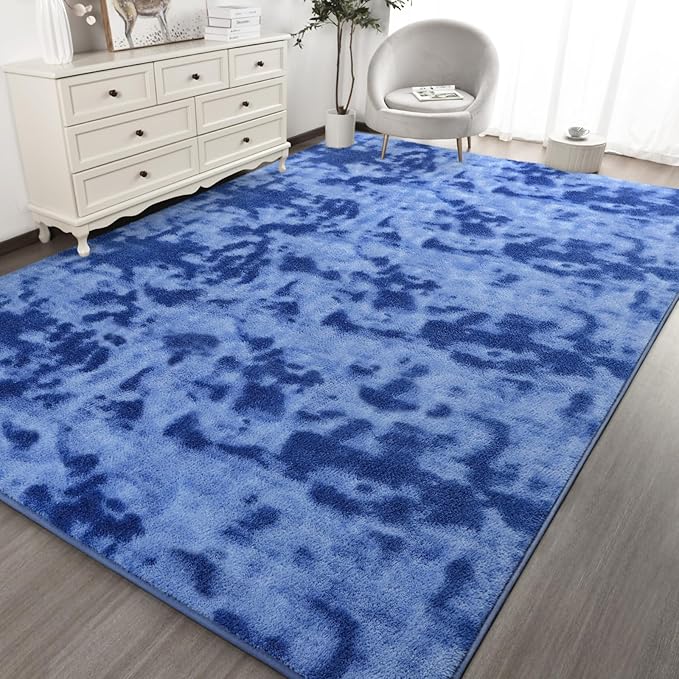 Kimicole 7x10 Washable Area Rugs for Living Room Bedroom, Large Low Pile Ulta-Thin Solid Color Rug, Non-Slip Soft Fluffy Carpet for Nursery Kids Room Dorm Room Home Decor (Blue)