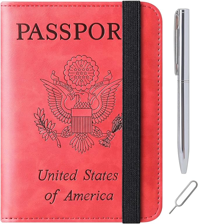 Passport Holder Cover Wallet Travel Essentials Leather Rfid Blocking Case Vacation Luggage Must Haves Travel Accessories for Men Women (116#Red)