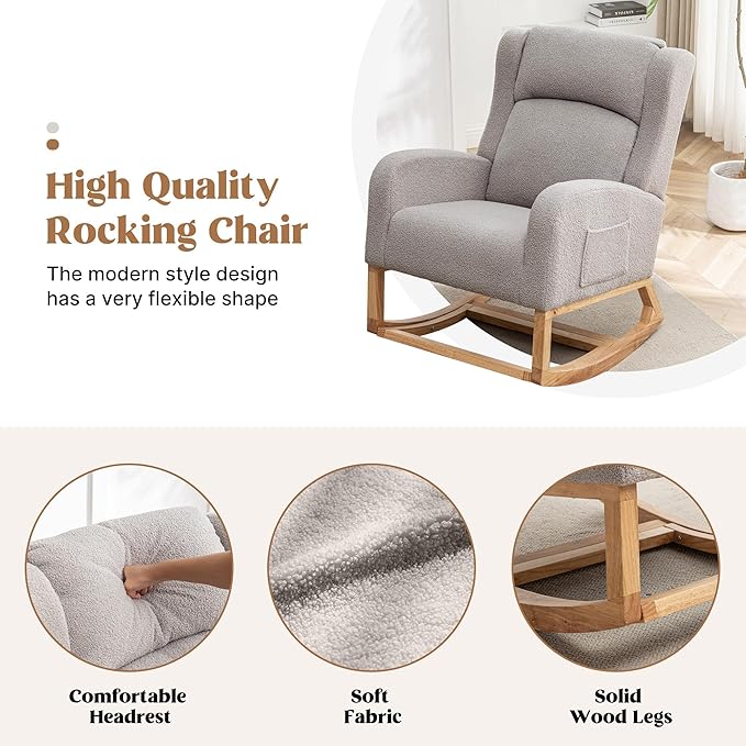 Rocking Chair Nursery, Nursing Rocking Chairs for Mom Nursery, Comfy Wingback Glider Rocking Armchair with Foot Rest and Side Pocket for Nursery Living Room Bedroom, Teddy Grey