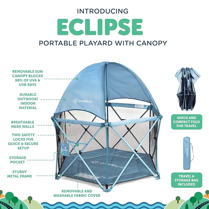 Baby Delight Go with Me Eclipse Deluxe Portable Playard | Playpen | Sun Canopy | Indoor and Outdoor | Ultra Padded Nylon Floor | Blue Wave