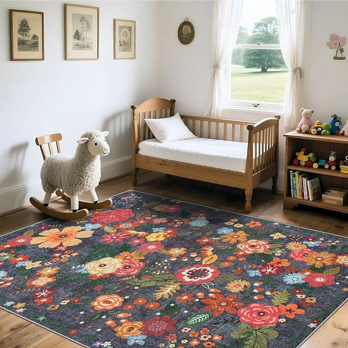 Area Rug Living Room Rugs: 6x9 Washable Rug Vintage Floral Soft Boho Non Slip Carpet Indoor Floor Non Shedding Low Pile Thin Carpets for Bedroom Dining Room Farmhouse Nursery Home Office Black