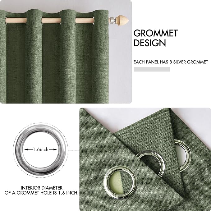 MIULEE 100% Blackout Linen Textured Curtains for Bedroom Solid Thermal Insulated Olive Green Grommet Room Darkening Curtains & Drapes Luxury Decor for Living Room Nursery 52 x 120 Inch (2 Panels)