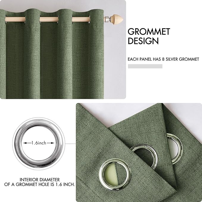 MIULEE 100% Blackout Linen Textured Curtains for Bedroom Solid Thermal Insulated Olive Green Grommet Room Darkening Curtains & Drapes Luxury Decor for Living Room Nursery 52 x 54 Inch (2 Panels)