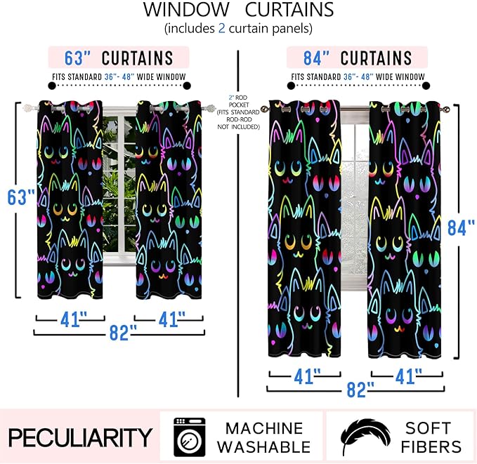 Cat Curtain Panels for Girls - 2Pcs Cat Blackout Curtains for Girls Bedroom, 82" W x 63" L
