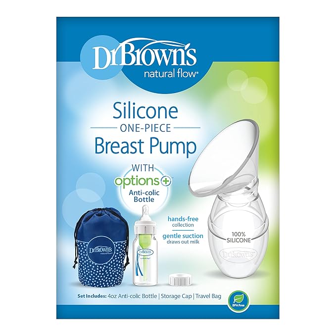 Dr. Brown's 100% Silicone One-Piece Breast Pump,Hands-Free Breast Milk Collector with Anti-Colic Options+ Baby Bottle (4 oz/120 mL),Level 1 Nipple,Travel Lid and Travel Bag