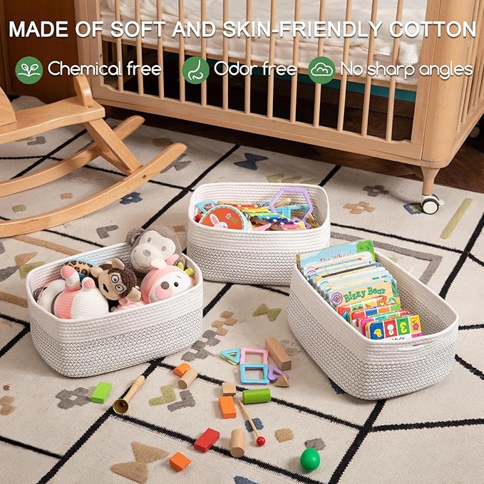 Storage Baskets for Organizing 3 Pack, Woven Baskets for Shelves, Closet Organizer Bins Empty Gift Basket Toy Storage for Toys, Books, Towels, Clothes, 15"x11.42"x6.7", White & Black