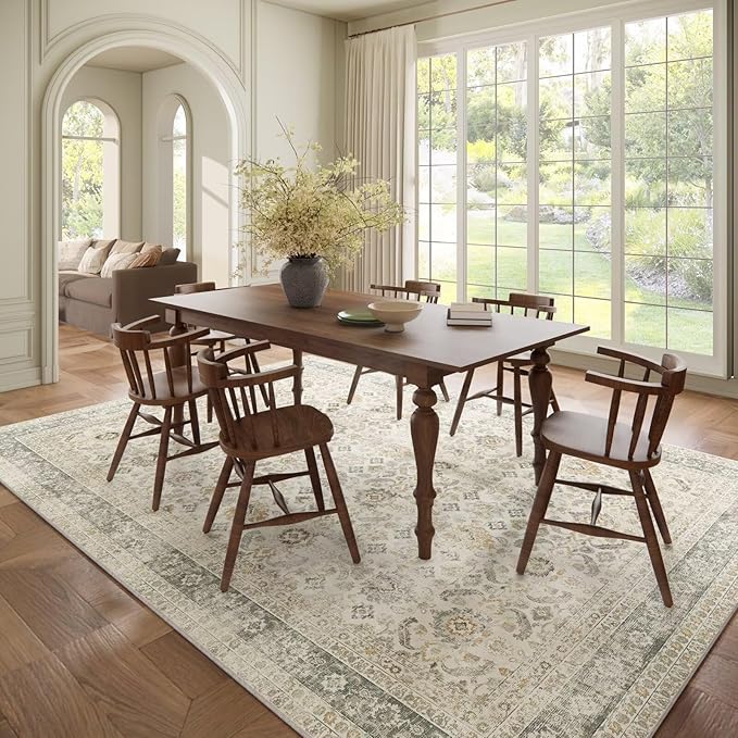 Washable 8x10 Area Rugs for Living Room, Boho Non-Slip Silicone Backing Rugs for Bedroom Dining Room Nursery Office, 0.3" Neutral Oriental Throw Carpet with 0.16" Cushioning Pad, Grey/Multi