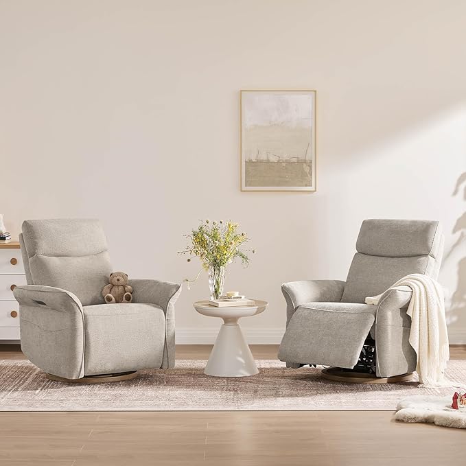 CHITA Power Recliner Chair, Electric Triple-Motor Swivel Glider Nursery Rocking Chair with Adjustable Power Headrest and Lumbar Support, GREENGARD Gold Certified, Solid Wood Base, Khaki Grey