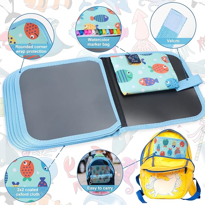 Erasable Doodle Set for Kids - Reusable Magic Drawing Book with 12 Watercolor Pens 14 Page Drawing, Road Trip Car Game Writing Painting Set for Boys and Girls (Fish)