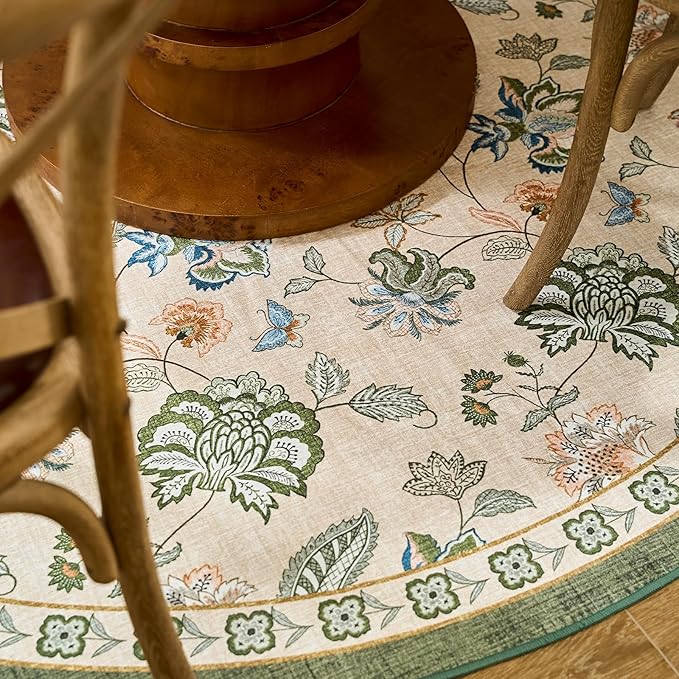 jinchan Floral Corner Rug for Living Room Washable Bedroom Rug Vintage Romance Design Non Slip Quarter Circle Lightweight Low-Pile Throw Carpet for Reading Nook Playroom,7ft Radius, Green/Beige