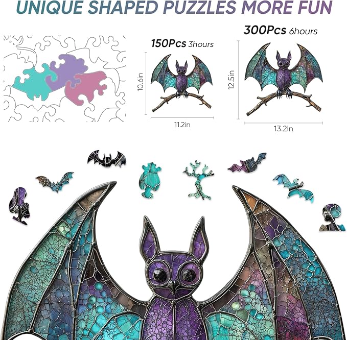 Wooden Puzzles for Adults,Stained Glass Bat Puzzles -Animal Wooden Puzzles,Unique Irregular Fun Challenging Jigsaw Puzzles Gifts，Perfect Family Games,11.2 * 10.6inch
