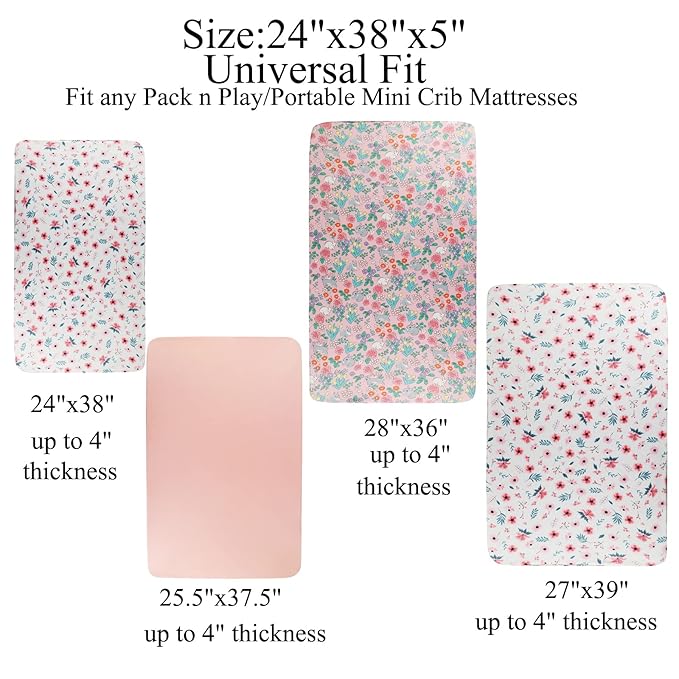 Pack n Play Sheet Stretchy Fitted Portable Mini Crib Sheets Set 3 Pack,Playard Sheets Convertible Playard Mattress Cover,Ultra Soft Jersey Material,Floral,Grey Rabbit & Pink
