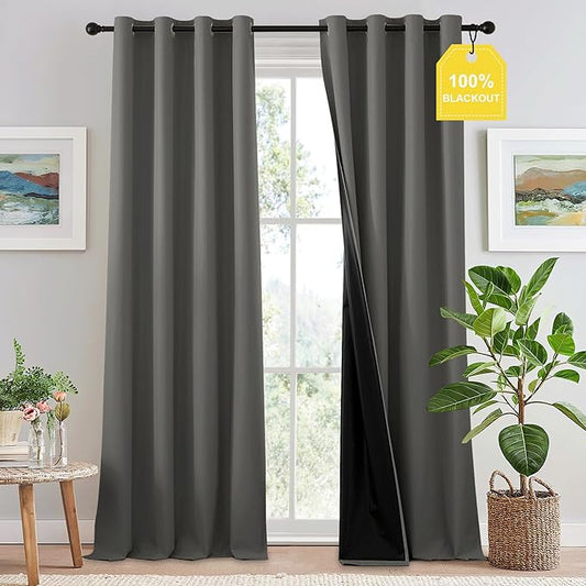 NICETOWN 100% Blackout Curtains for Living Room 96 inches Long, Grommet Thermal Insulated Window Treatment Lightweight Travels Portable Shades for Bedroom/Kids Room, Dark Grey, W52 x L96