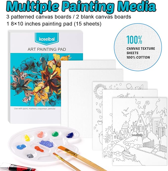 koseibal Acrylic Paint Set for Kids, Art Painting Supplies Kit with 18 Paints, 5 Canvas Panels, 8 Brushes, Table Easel, Etc, Premium Paint Set for Students, Artists and Beginner.