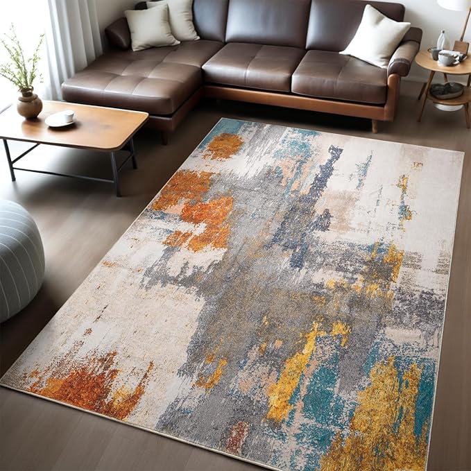 Kelarea Living Room Rug, 5x7 Rug Modern Abstract Washable Rugs Grey Faux Wool Vintage Carpets, Non Slip Rug for Bedroom, Dining Room, College Dorm, Kids Playroom, Home Office