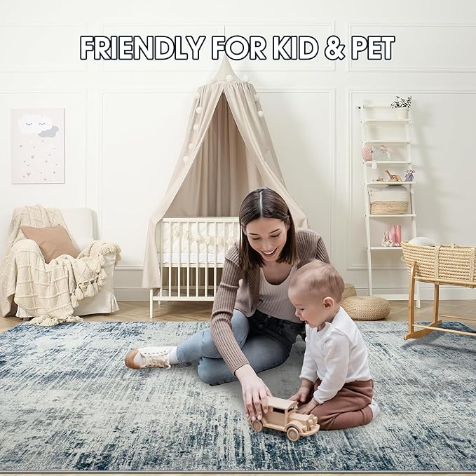 Washable Rug 6x9 Area Rugs, Abstract Washable Rugs with Non-Slip Backing, Stain Resistant Indoor Floor Carpet for Bedroom Dining Room Table Nursery Hallway Home Office-Blue/Ivory