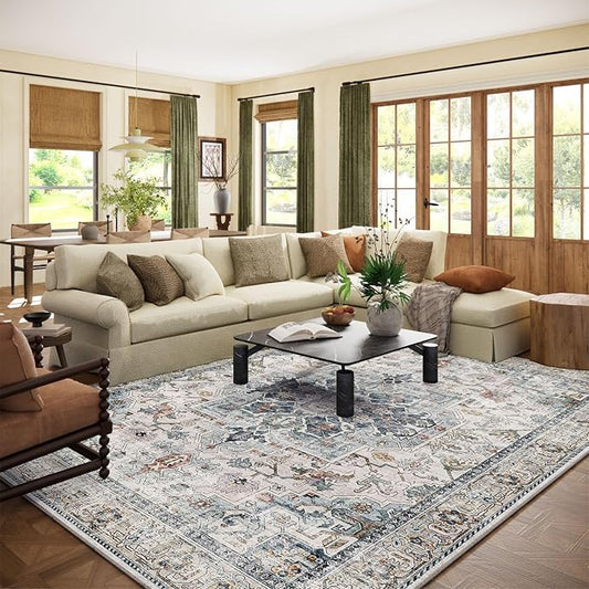 9x12 Area Rugs for Living Room: Washable Bedroom Rug Boho Vintage Rugs Stain Resistant Non Slip Low Pile Soft Lightweight Carpet for Kitchen Dining Room Farmhouse Nursery Kids Room Home Office