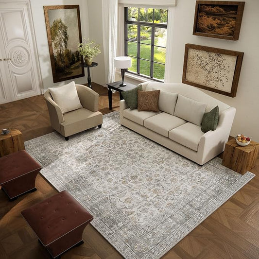 Machine Washable Rugs for Living Room: 5x7 Area Rugs for Bedroom Vintage Stain Resistant Non Slip Low Pile Soft Boho Carpet for Kitchen Dining Room Farmhouse Kids Room Nursery