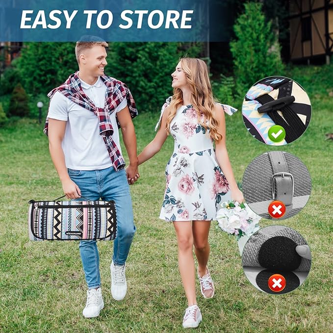 Picnic Blankets Extra Large Outdoor - Beach Blanket Waterproof Sandproof with Shoulder Strap, Machine Washable, Picnic Mat with Stakes for Grass Concert, Park.BohoGeometry