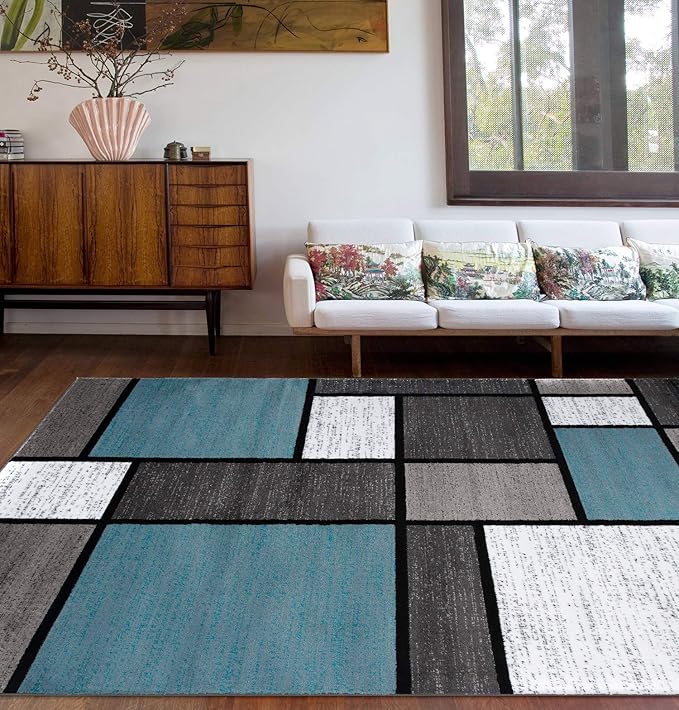 Rugshop Contemporary Modern Boxes for Home Office,Living Room,Bedroom,Kitchen Non Shedding Area Rug 6' 6" X 9' Blue/Gray