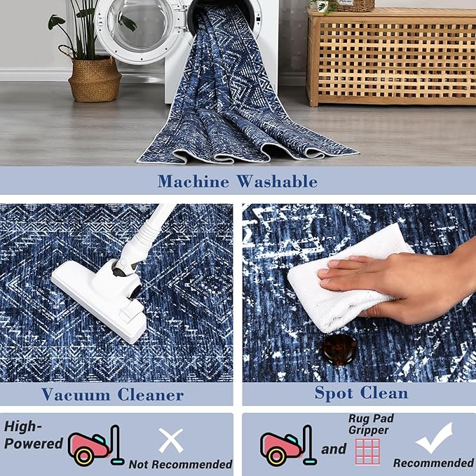 COZYLOOM Washable Runner Rug 2x6 Vintage Non Slip Low Pile Rug Soft Throw Floor Cover Geometric Tribal Foldable Indoor Carpet for Living Room Bedroom Playroom Nursery, Blue