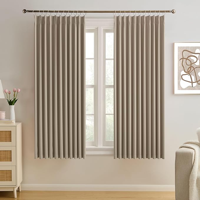 KEQIAOSUOCAI Pleated Blackout Curtain Drapes for Window 63" L - Triple Weave Energy Saving Solid Pinch Pleat Hook Thermal Room Divider Blackout Panels for Patio (72" Wide per Panel, 2 Panels, Khaki)