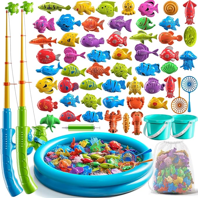 Pool Fishing Toys Games, Water Table Bathtub Toy with Inflatable Pool Pole Rod Net Plastic Floating Fish, Birthday Gifts for Kids Age 3 4 5 6 Year Old,Kids Outdoor Toys