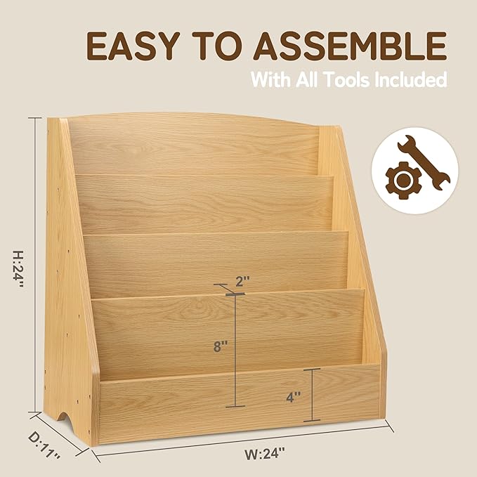 TOETOL 4-Tier Kids Bookshelf - Toddler Book Display Shelves for Classrooms, Playrooms, and Nursery - Wooden Children Book Rack (Natural)