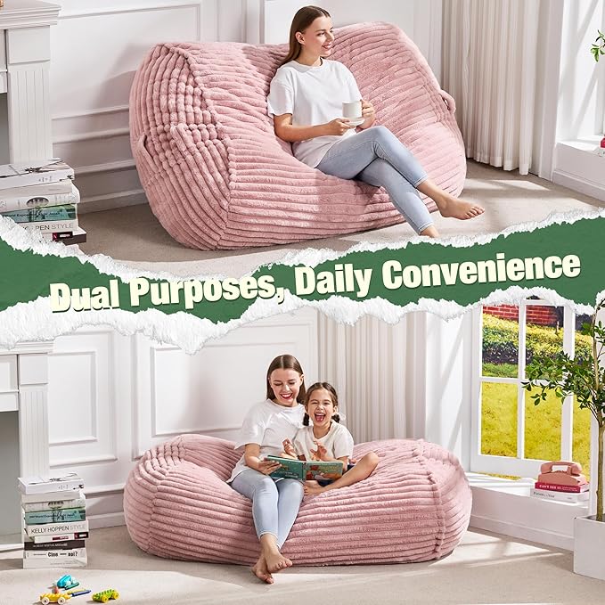 Hobestluk 4FT Bean Bag Chairs Adult Bean Bag with Portable Handle Comfy Large Bean Bag Chair with Removable Cover for Living Room Bedroom or Reading Nook (Stripe Pink, 4FT)