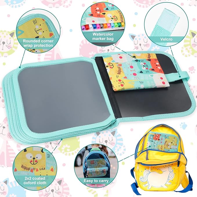 Erasable Doodle Set for Kids - Magic Drawing Book With 12 Watercolor Pens, 14 Page Reusable Book, Road Trip Car Game Writing Painting Set for Boys and Girls (Orange Cats)