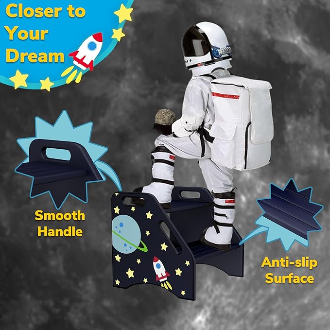 AMBIRD Toddler Step Stool, Space Wooden Two Step Stool for Kids with Non-Slip Pads, Portable Potty Training Stool with Handles for Bathroom, Sink, Kitchen, Bedroom