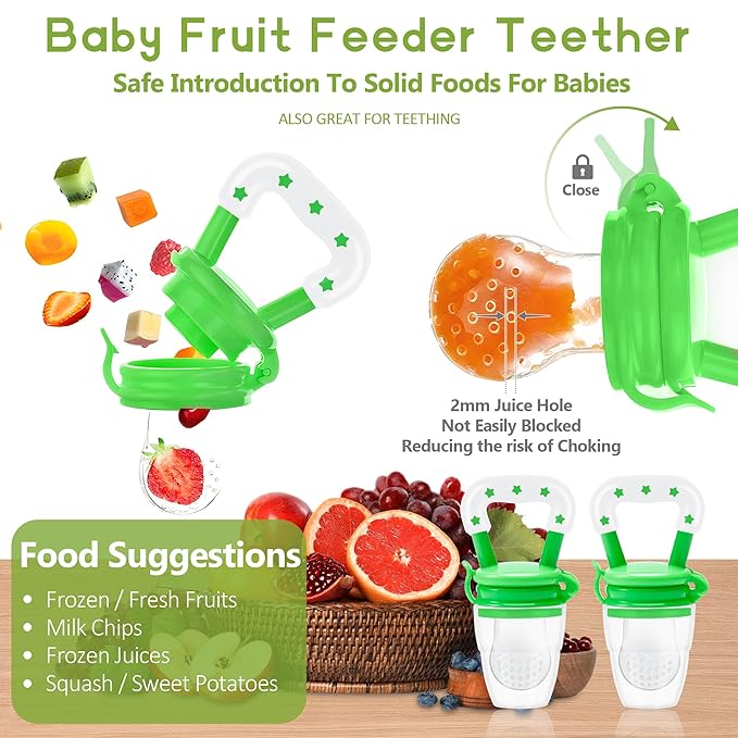 WAJIAYON Baby Fruit Feeder Pacifier - 6 Pack | 2 Infant Food Feeder Pacifier & 2 Baby Food Dispensing Spoon | Fresh Fruit Teethers for Babies | Silicone Feeder Babies,Infant Teething Feeders (Green)