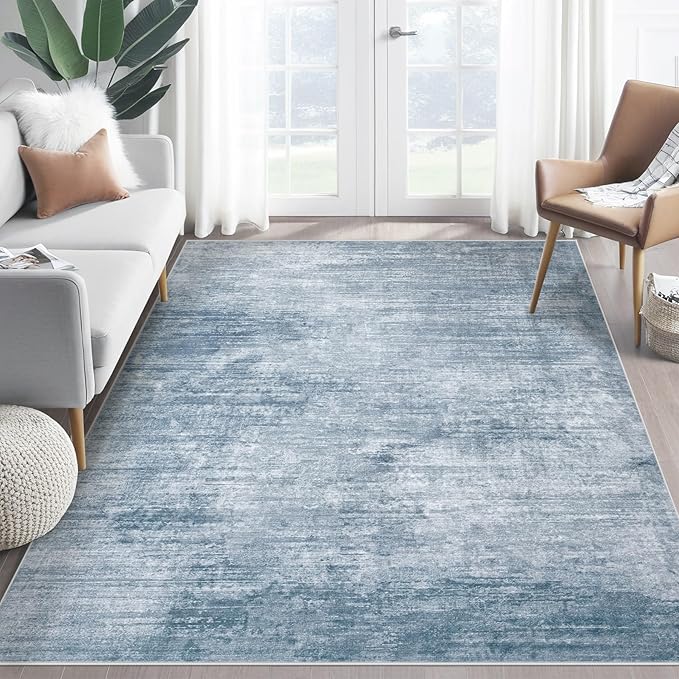 Area Rugs 5x7 Living Room: Washable Rug Modern Abstract Large Rugs Soft Non Slip Neutral Rug Stain Resistant Indoor Carpet for Bedroom Kitchen Dining Room Table Nursery Home Office Rugs(Blue,5'x7')