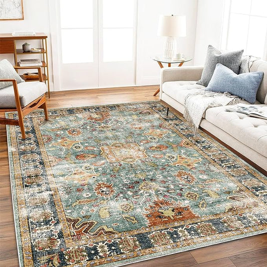 Area Rug 8'x10' Washable Rug Vintage Traditional Mat Distressed Indoor Foldable Thin Retro Accent Floral Print Non Slip Carpet for Living Room Dining Room Office
