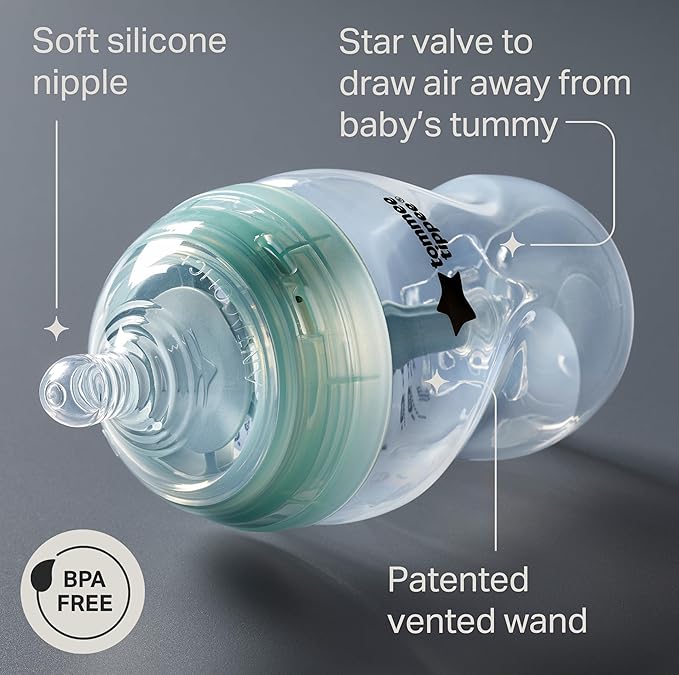 Tommee Tippee Advanced Anti-Colic 5 oz BPA Free Baby Bottles, Newborn 0+ Months, Slow Flow Breast-Like Nipple, Unique Design Keeps Air Away from Milk and Baby, Clear, Pack of 2