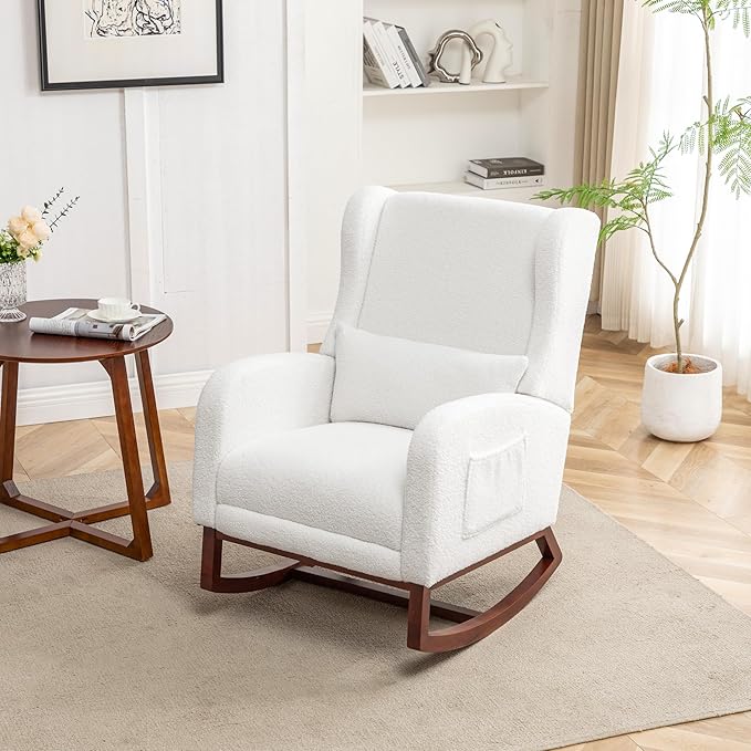 Rocking Chair Nursery,Teddy Nursery Rocking Chairs with Foot Rest, Sherpa Nursing Chair Glider Rocker with Wingback and Pillow for Living Room, Bedroom, White