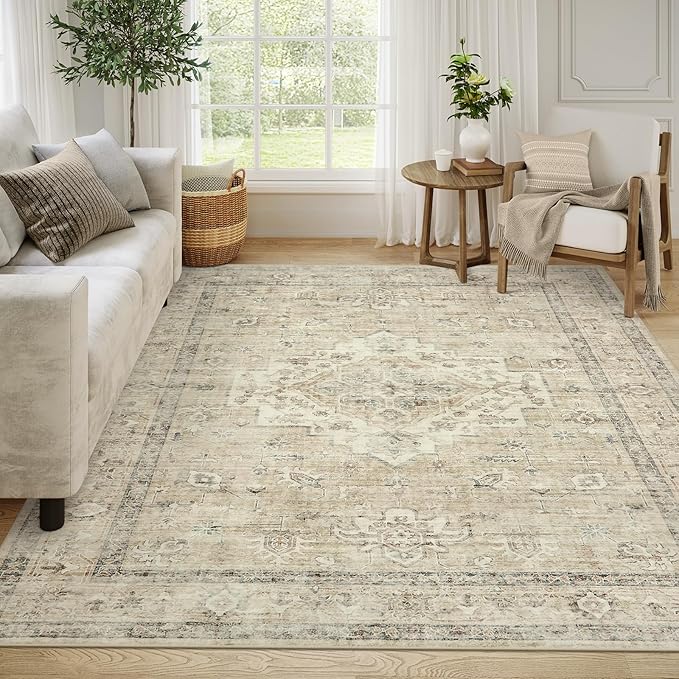 LIVEBOX Washable Area Rug 9x12 Rugs for Living Room Bedroom, Non-Slip Boho Neutral Carpet for Dining Room Office, Low-Pile Farmhouse Soft Carpets for Kids Nursery Room Playroom, Tan