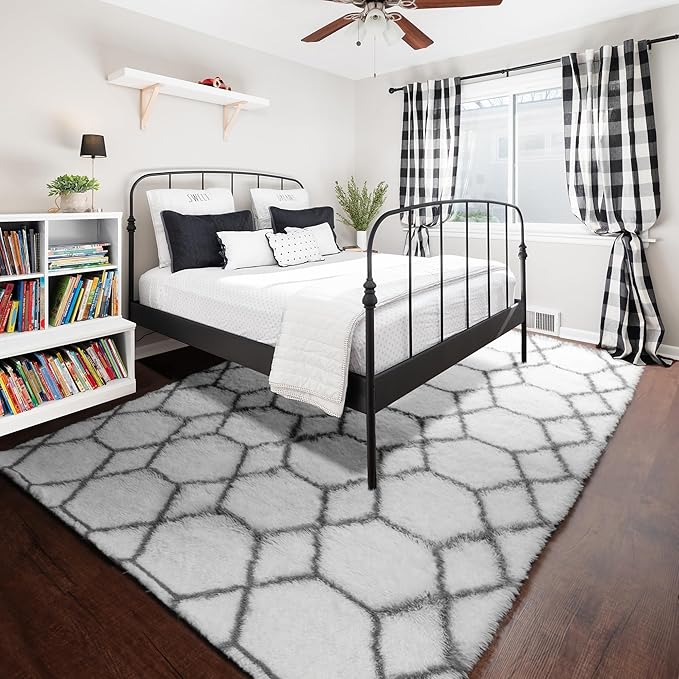 ONASAR 6x9 Area Rugs for Living Room Bedroom, Washable Large Fluffy White and Grey Throw Rug, Geometric Soft Plush Shaggy Floor Carpet for Nursery Kids Girls Boys Teen Dorm Home Decor Aesthetic