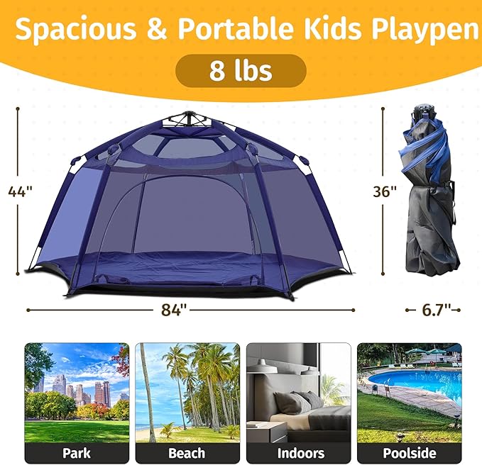 Alvantor Baby Playpen Play Yard 84"x84"x44”Large Kids Tents Pop Up Play Tent Indoor Outdoor Playhouse for Babies Toddlers Children Camping Playground Beach, 36-96 Months, Navy