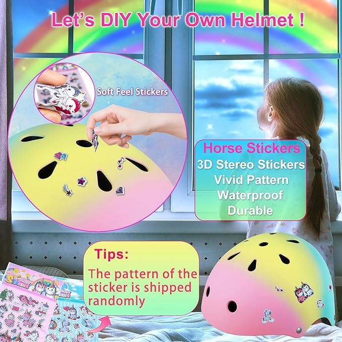 Kids Bike Helmet with DIY Stickers and Knee Pads Elbow Pads Wrist Guard Set for Ages 3-8-14 Toddler Boys Girls Helmet for Roller Skates Cycling Skateboarding Bicycle Scooter