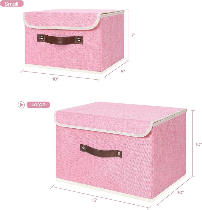 ANMINY 2PCS Storage Bins with Lid PU Leather Handles Storage Boxes PP Plastic Board Decorative Foldable Lidded Cotton Linen Fabric Home Cubes Baskets Closet Organizer Containers - Pink, Large Size