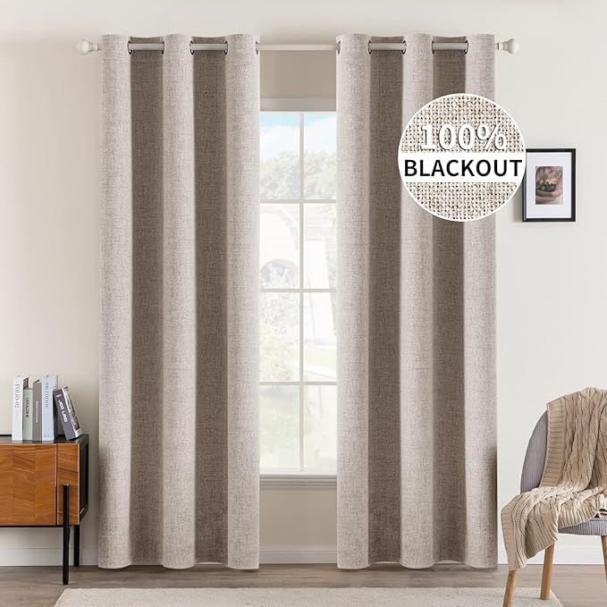 MIULEE Linen Blackout Curtains and Drapes 100% Room Darkening Thermal Insulated Grommet Window Panels with Coating 2 PCs W 42 x L 90 inches Khaki